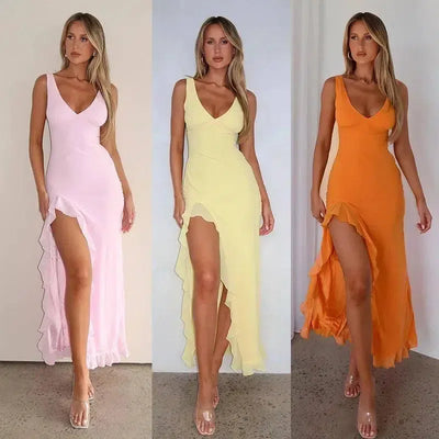 Elegant Sleeveless Ruffle Maxi Dress - Sexy Deep V Neck-4