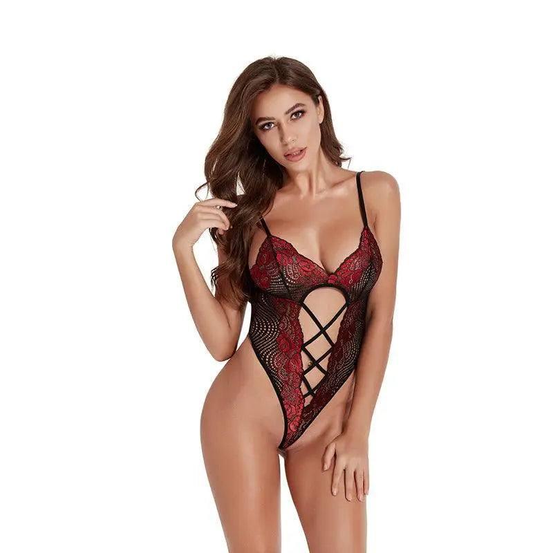 European And American Lace Pajamas Lingerie Jumpsuit-Winered-1