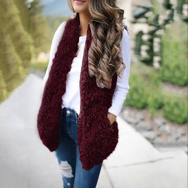 European and American Plush Waistcoat Vest Women Women's-Wine red-4