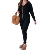 European And American Solid Color Thick Rope Twist Zipper Hooded Casual Sweater Suit-7