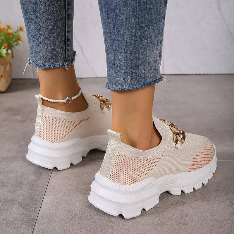 Fashion Chain Design Shoes For Women Breathable Casual Soft Sole Walking Sock Slip On Flat Shoes-4