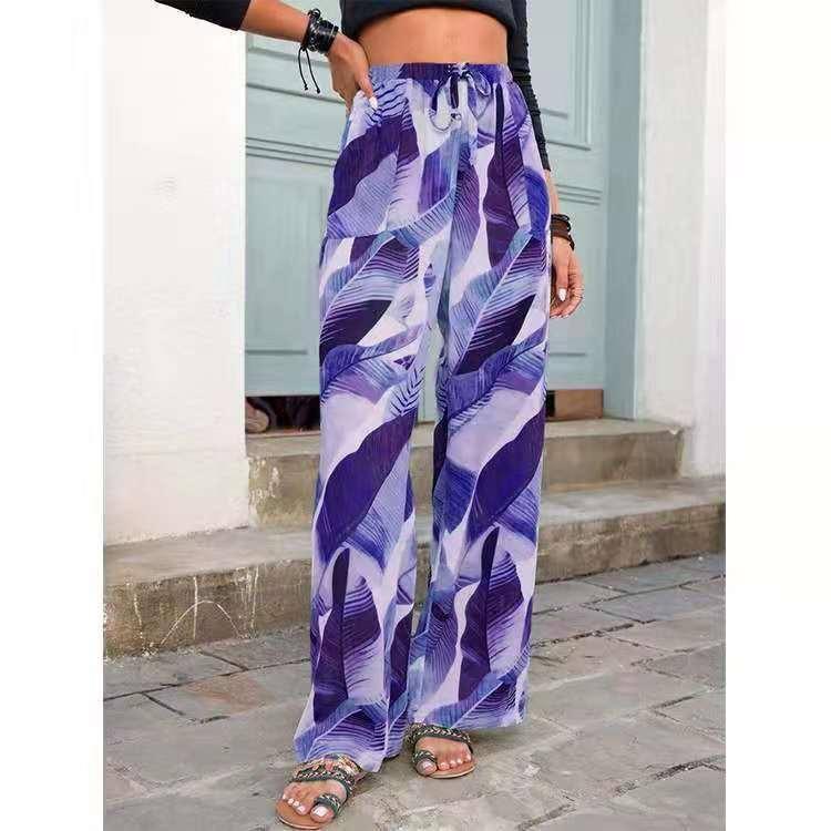 Stylish Leaf Print Beach Pants for Summer-Dark Purple-3