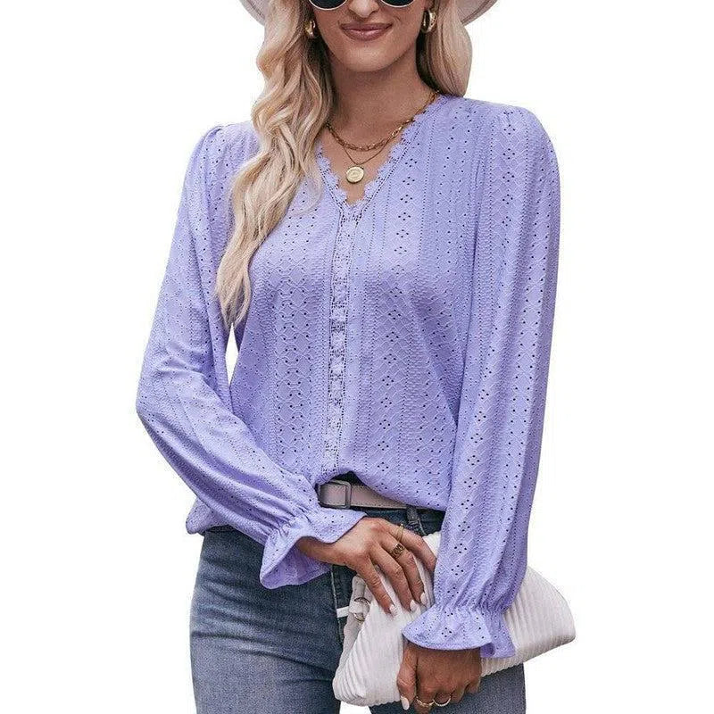 Fashion Lace V-neck Long Sleeve Top-Purple-10