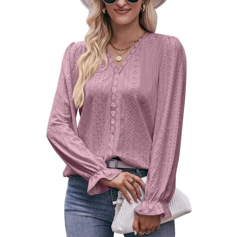 Fashion Lace V-neck Long Sleeve Top-Cameo Brown-11