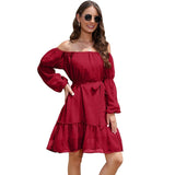 Fashion One-shoulder Long Sleeve Dress For Women Tie Waist-Red-11