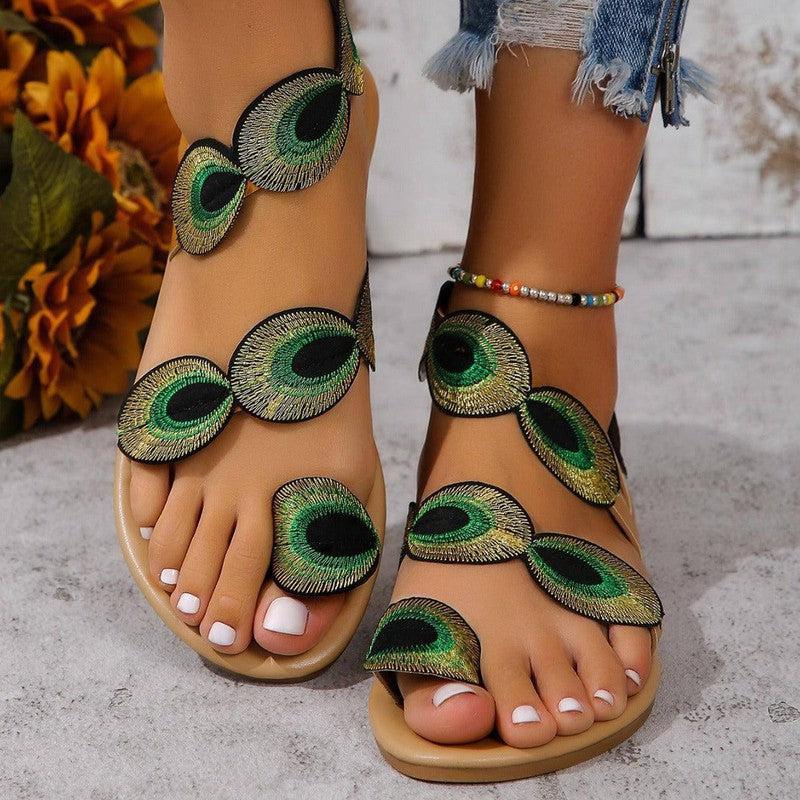 Fashion Peacock Embroidery Pattern Flat Sandals Summer-1