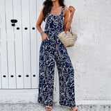 Fashion Print Square Neck Jumpsuit With Pockets Spring-Navy Blue-4