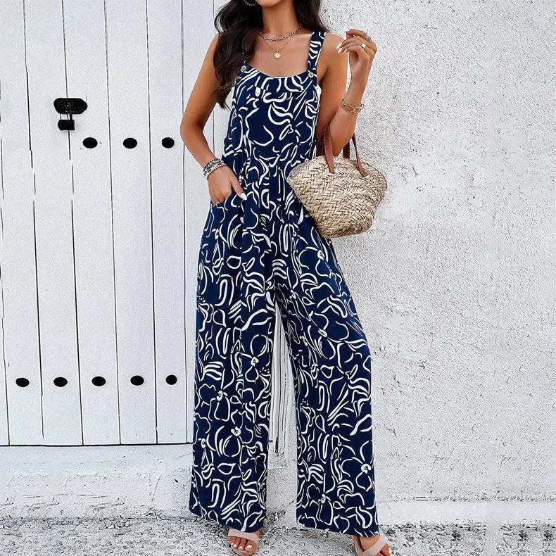 Fashion Print Square Neck Jumpsuit With Pockets Spring Summer Casual Loose Overalls Womens Clothing-Navy Blue-4