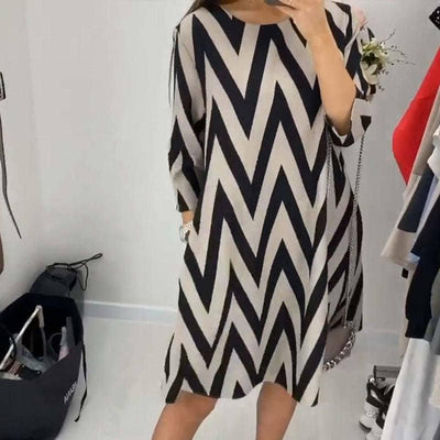 Fashion Round Neck Loose Slimming Stripes Dress-7