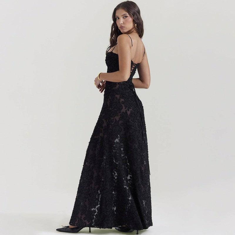 Elegant Black Long Lace Dress for Summer-3