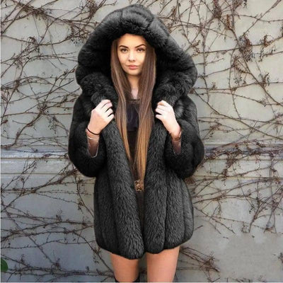 Fashion Temperament Faux Fur Coat Women's Mid-length-Black-6