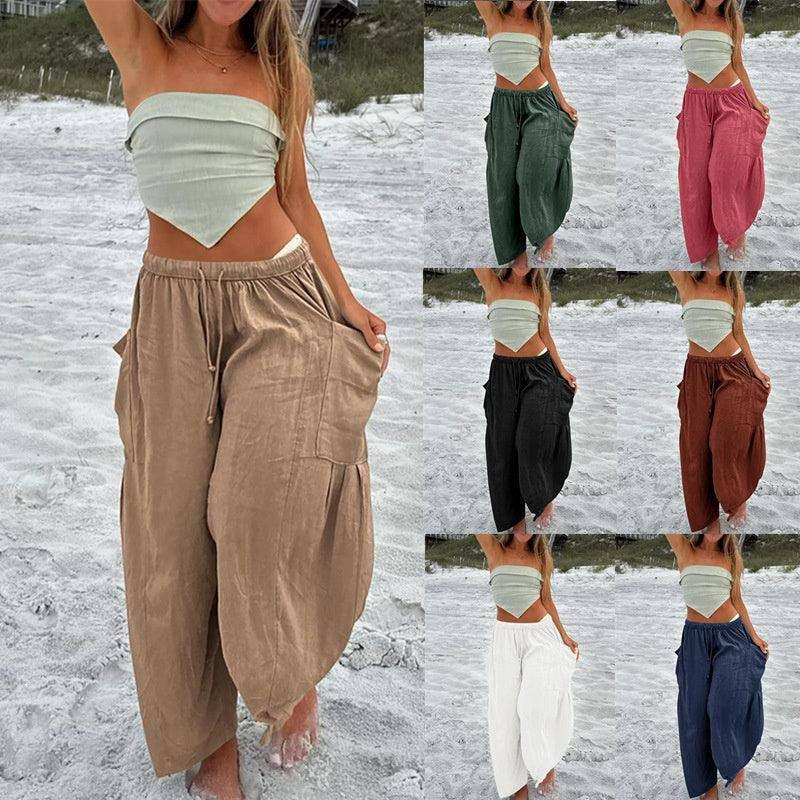 Fashion Wide Leg Pants Summer Loose Elastic High Waist Yellow / 3XL-1