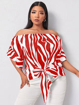 Finjani Red Panel Blouse Barrel Neck Bell Sleeves Striped-4