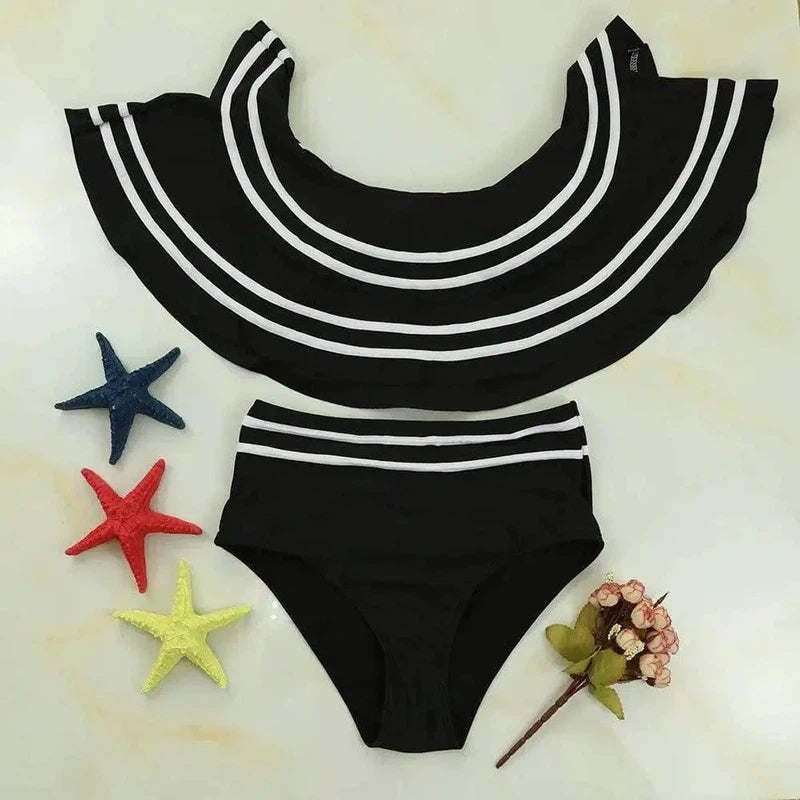 Flashing striped high waist pants bikini-Black-4