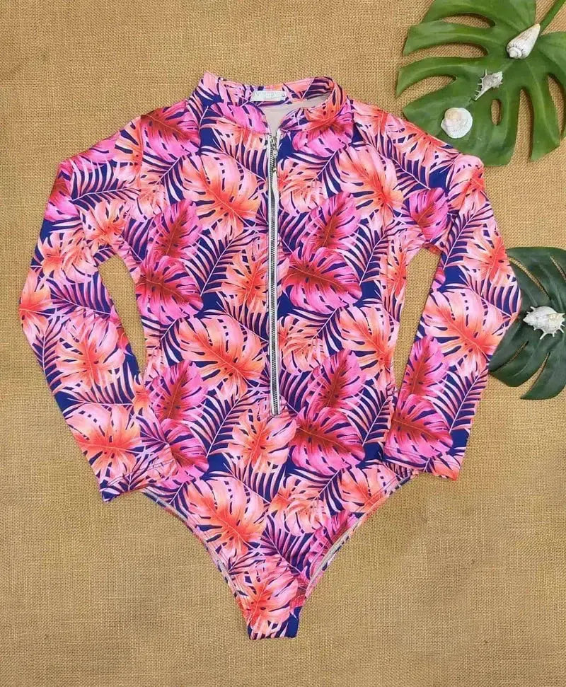 Flower Print Swimsuit Female One-Piece Bikini Long-Sleeved-Pinkleaves-3