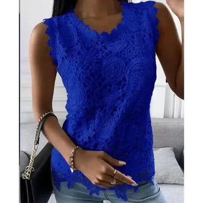 Flowers Lace Vest Women Summer Tops S-5XL-Blue-5