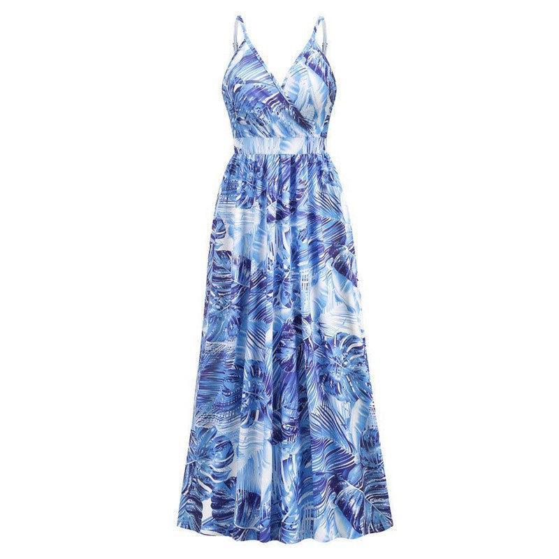 Flowers Long Dress Summer Swing Holiday Beach Dress-Blue-16