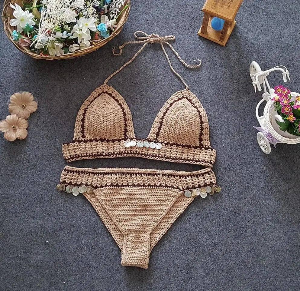 Foreign Trade Knitted Bikini, Europe And America Beach-Brown-3