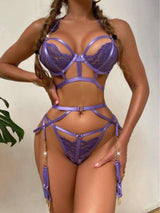 Garment Three-piece Lace Embroidered Lingerie Uniform-Purple-1