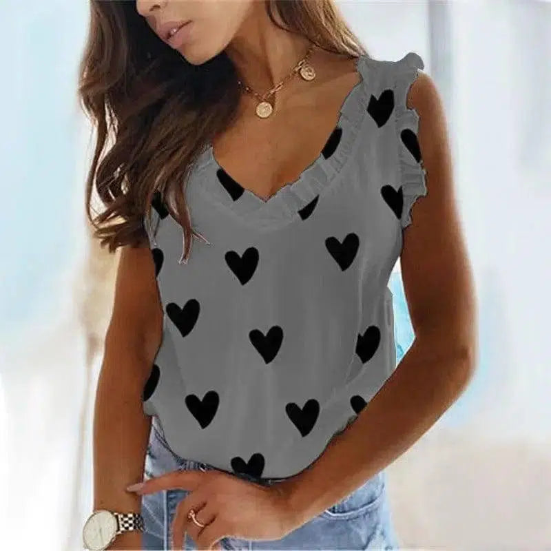 Heart Print V-Neck Ruffled Pleated T-Shirt Top-Grey-2