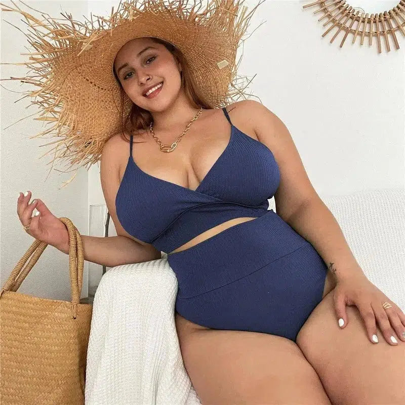 High Waist Solid Color Plus Size Swimsuit Bandage-2