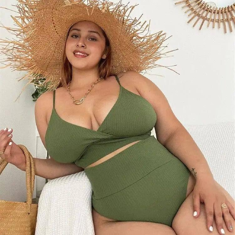 High Waist Solid Color Plus Size Swimsuit Bandage-Green-3