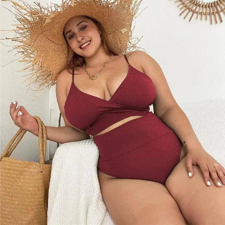 High Waist Solid Color Plus Size Swimsuit Bandage-WineRed-4