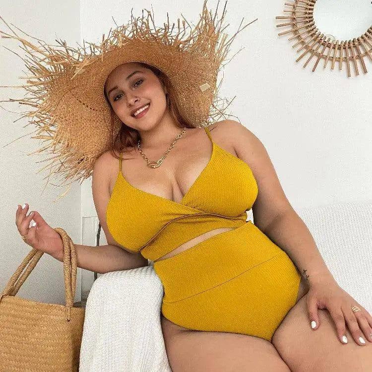 High Waist Solid Color Plus Size Swimsuit Bandage-Yellow-5