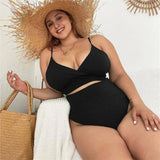 High Waist Solid Color Plus Size Swimsuit Bandage-Black-7