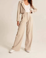 High Waist Straight Trousers With Pockets Wide Leg Casual Suit Pants For Women-Apricot-4