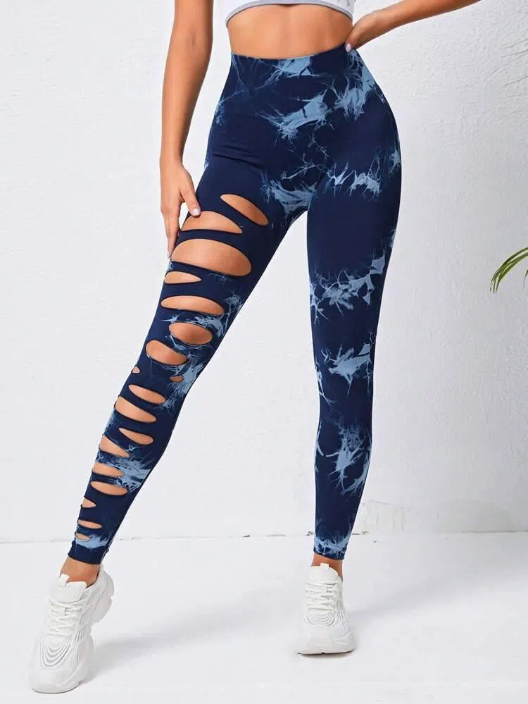 Hollow Tie-dye Yoga Pants High Waist Hip Lift Fitness Pants-Tie Bleached Navy Blue-14