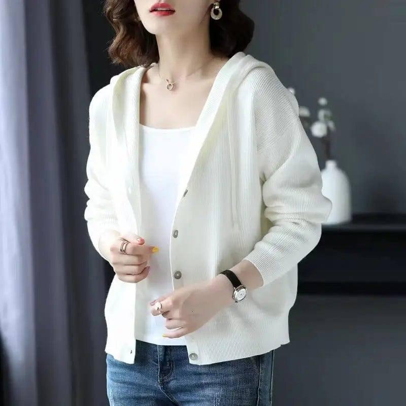 Hooded Sweater Coat Women Long Sleeve Single-breasted-White-1