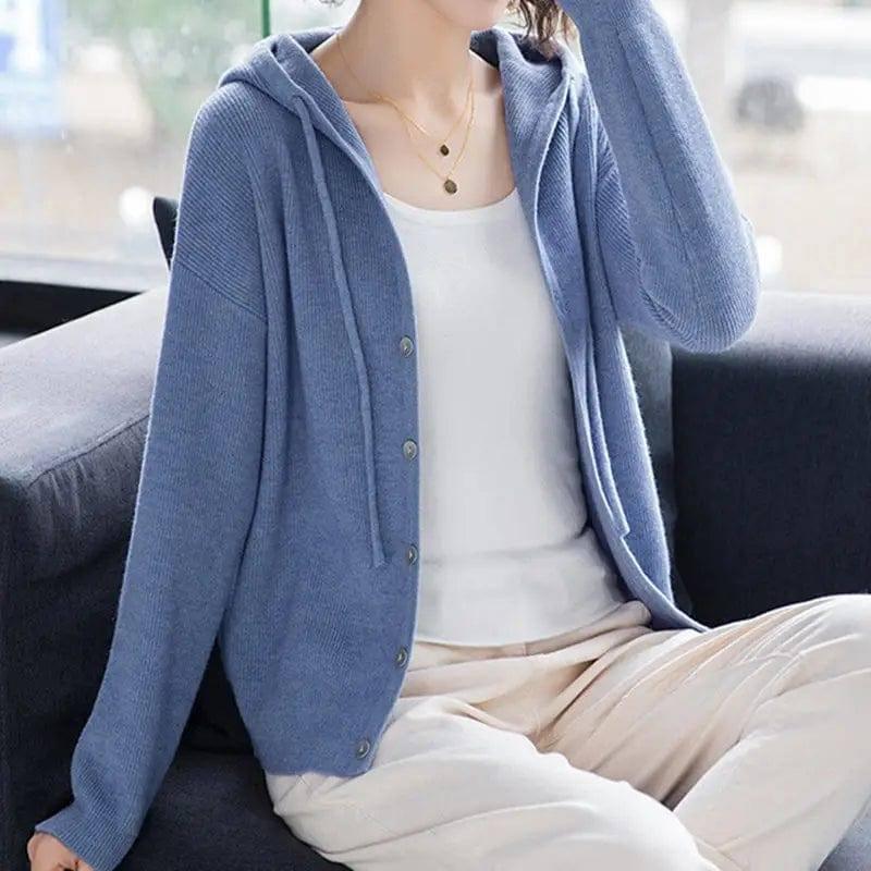 Hooded Sweater Coat Women Long Sleeve Single-breasted-Blue-8