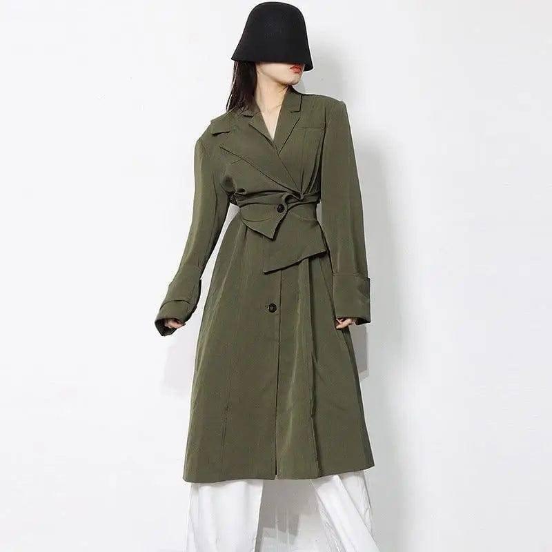 Irregular-panel Single-breasted Lapel Long Coat-1