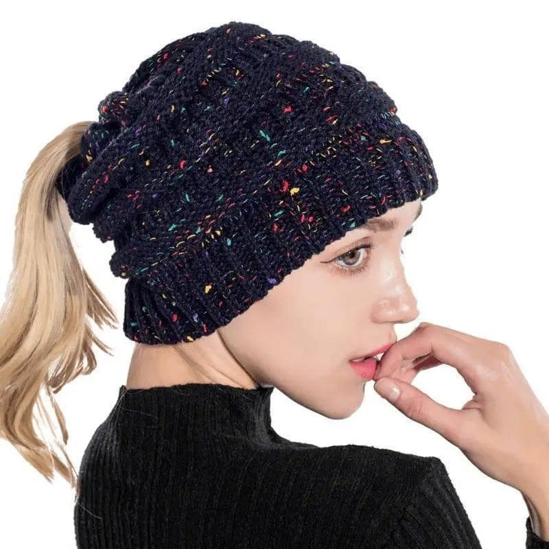 Knitted Ponytail Hat, Women's Wool Hat Fashion-Darkblue-31