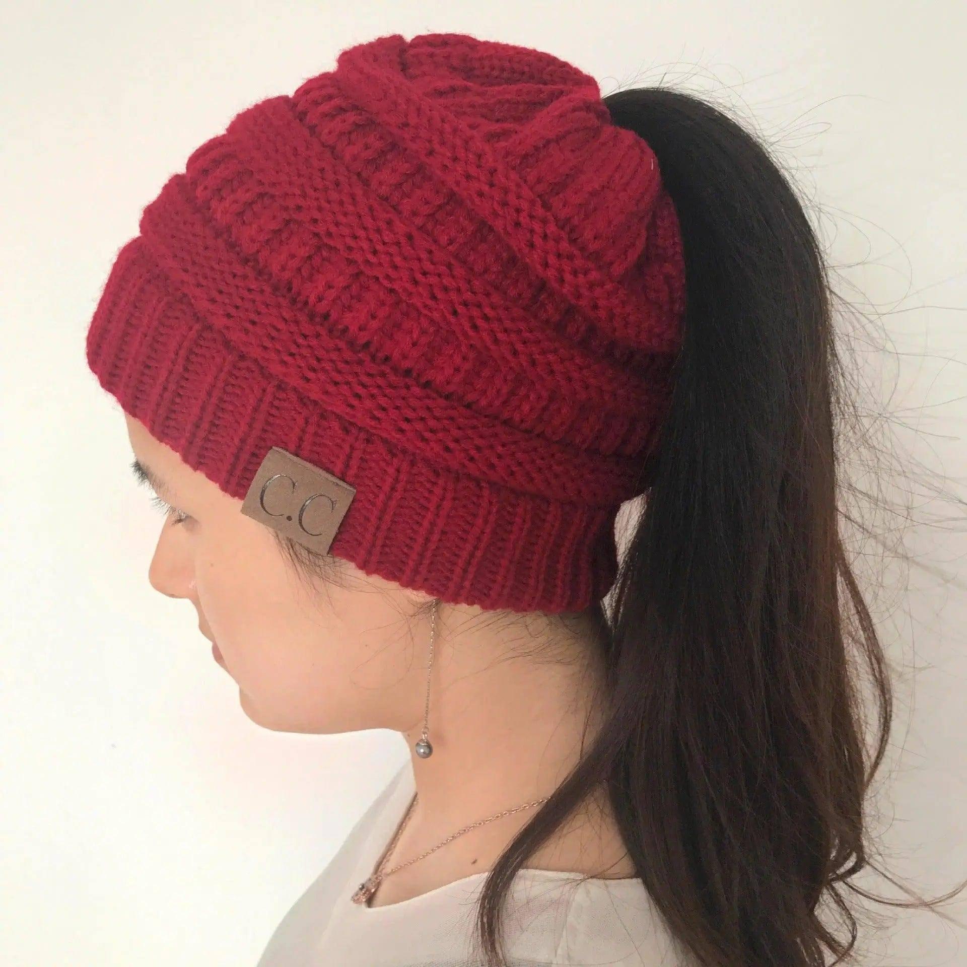 Knitted Ponytail Hat, Women's Wool Hat Fashion-Red-32