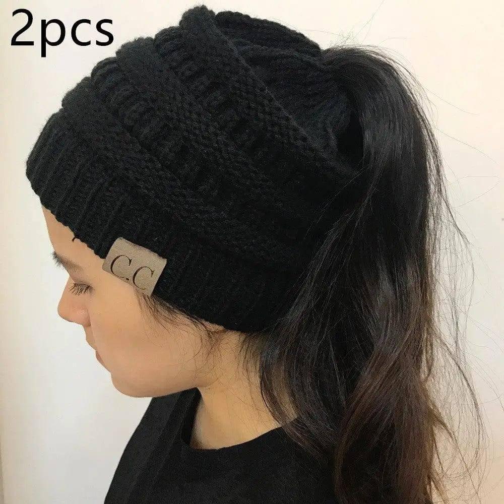 Knitted Ponytail Hat, Women's Wool Hat Fashion-Black2pcs-4