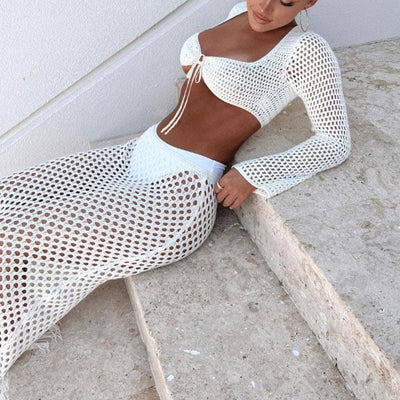 Lace Mesh Long Sleeve Narrow Casual Knitted Maxi Dress Suit-6