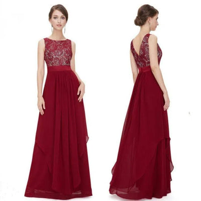 Lace spliced chiffon dress-Wine red-5