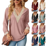 Lace Stitching V-neck T-shirt Loose Long-sleeved Solid Color Top For Women-1