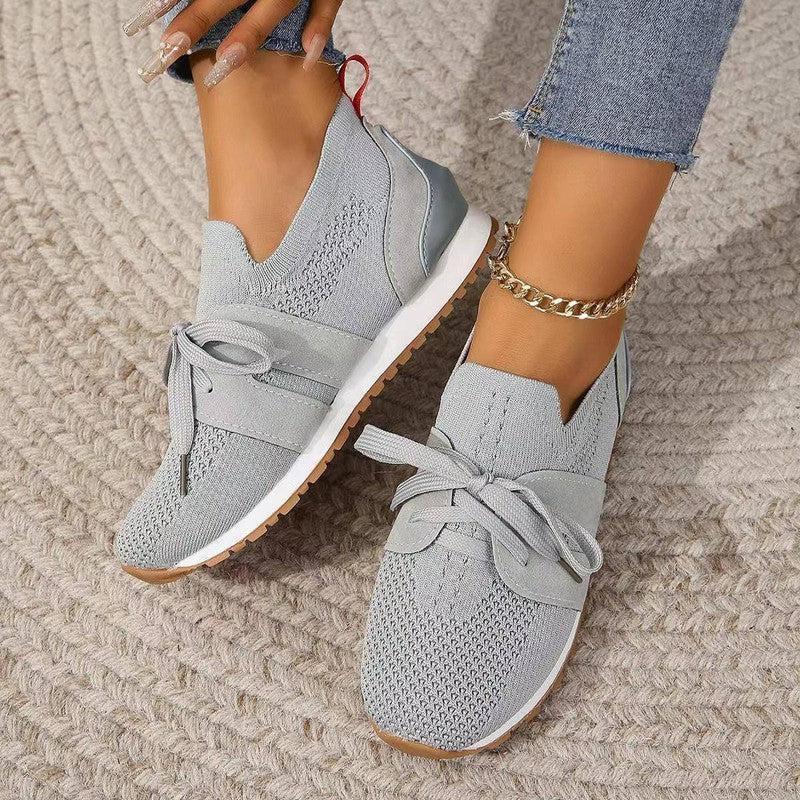 Lace Up Mesh Flats Shoes For Women Breathable Casual-Light Grey-1