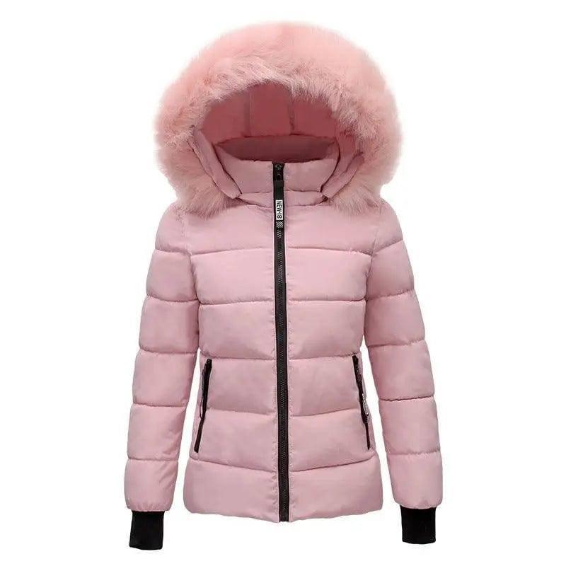 Ladies large fur collar padded down jacket-Pink-1