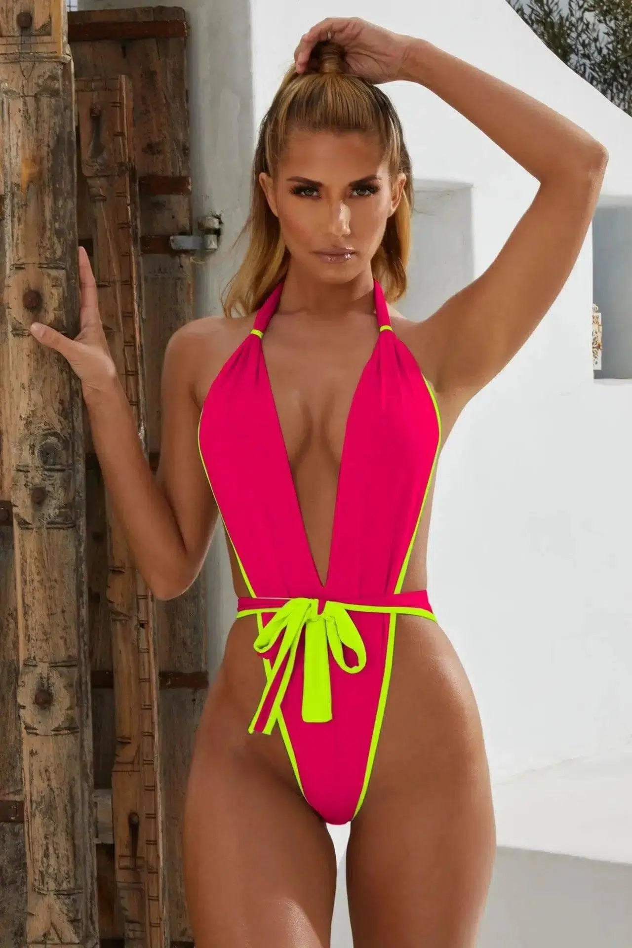 Ladies One Piece Bandage Swimsuit Pull Side Bikini-RoseRed-4