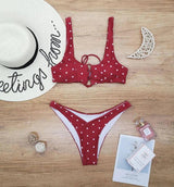 Ladies Split Polka Dot Print Swimsuit Swimwear-Red-3