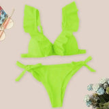 Ladies Split Solid Color Ruffled V-Neck Sexy Bikini Swimsuit-Green-5