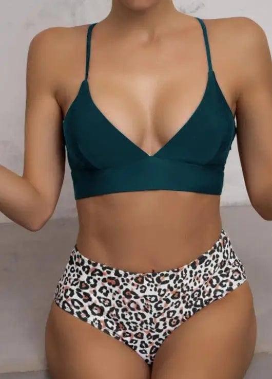 Ladies Split Swimsuit Sexy Leopard Point-Darkgreen-7