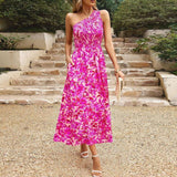 Lady Temperament Elegant Slant-shoulder Printed Maxi Dress-Pink-9