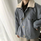 Lamb fur collar padded short woolen coat-Blue plus cotton-8