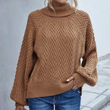 Lantern Sleeve Women's Sweater Turtleneck Sweater-Brown-1