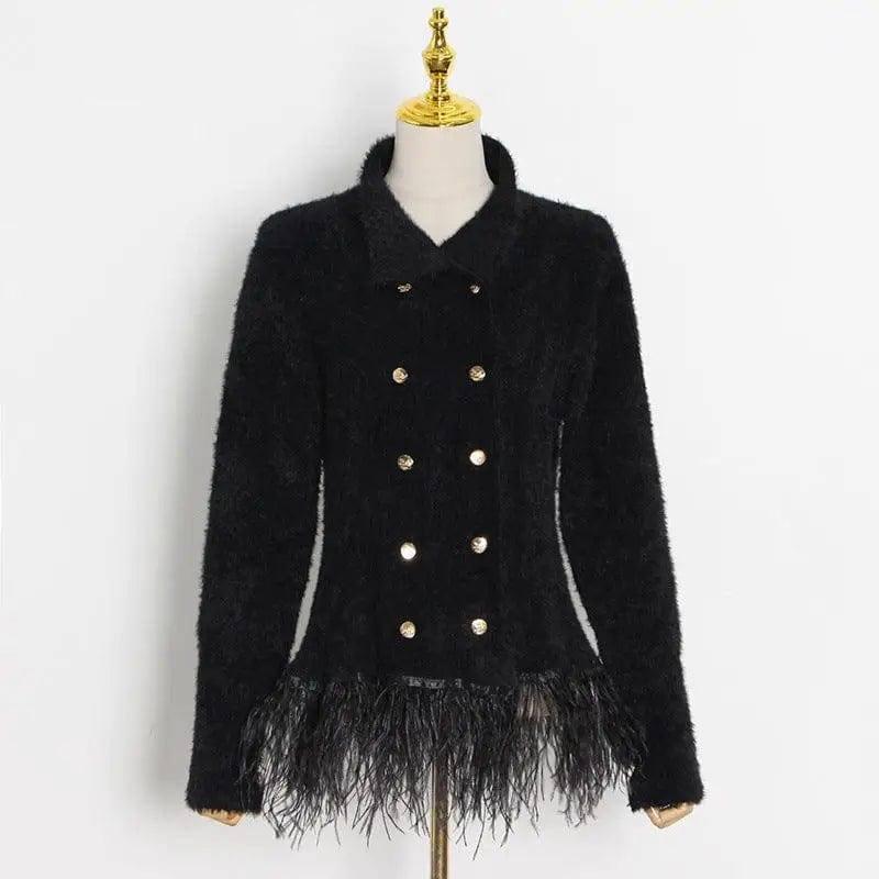 Lapel Long Sleeve Slim Double Breasted Tassel Coat Women-7